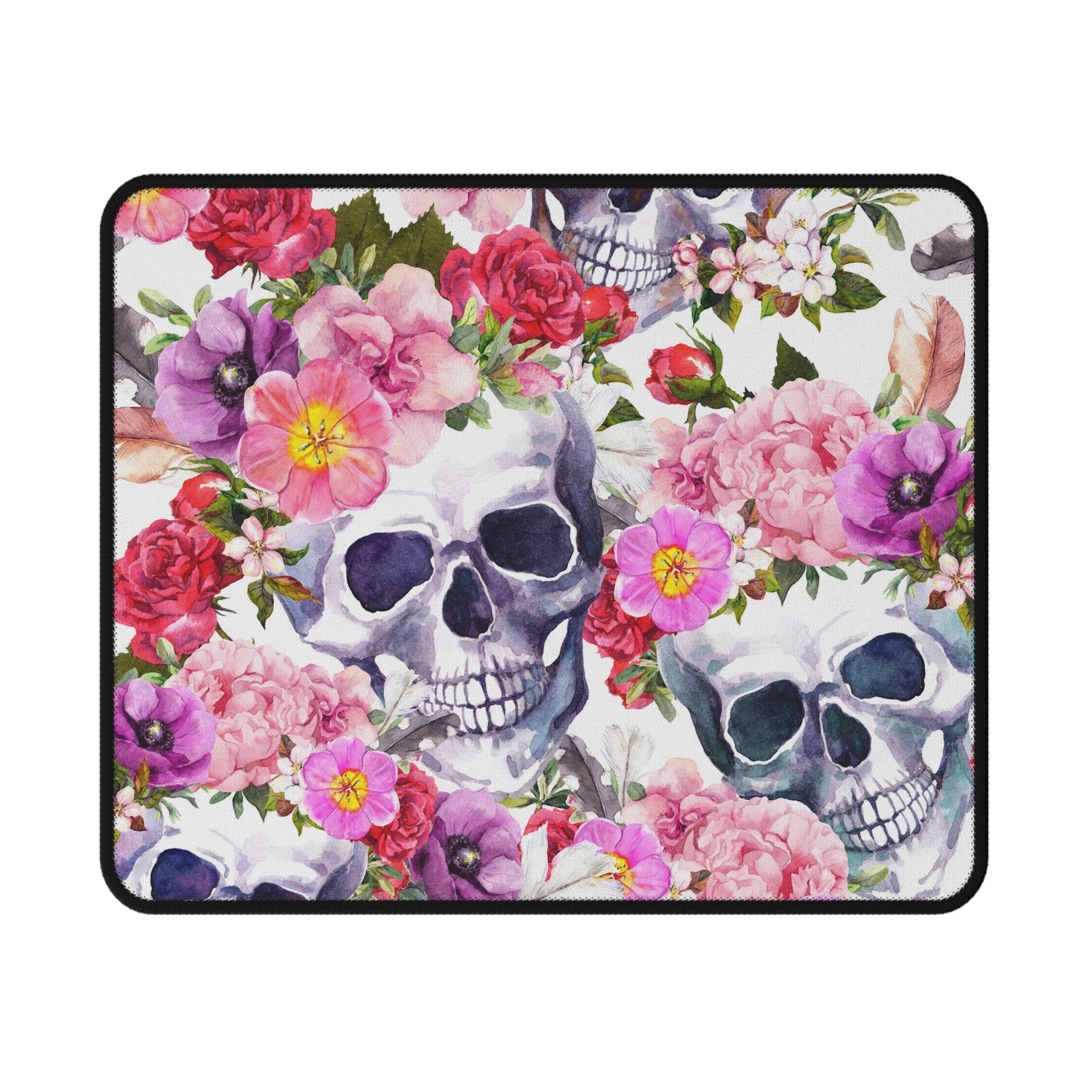 Floral Skull Mouse Pad — Gothic Watercolour Gaming Mousepad with Roses