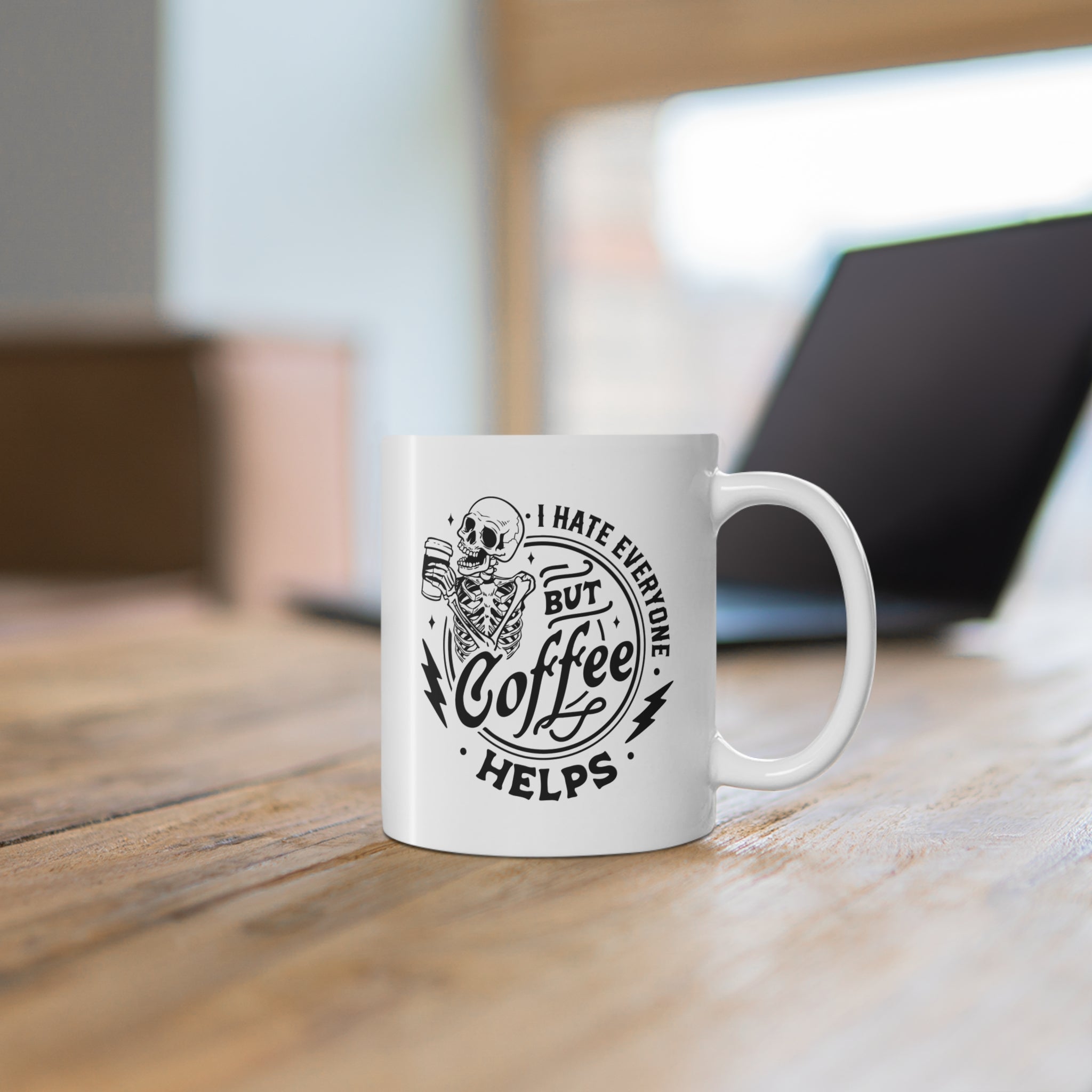 I Hate Everyone But Coffee Helps” Skeleton Ceramic Mug