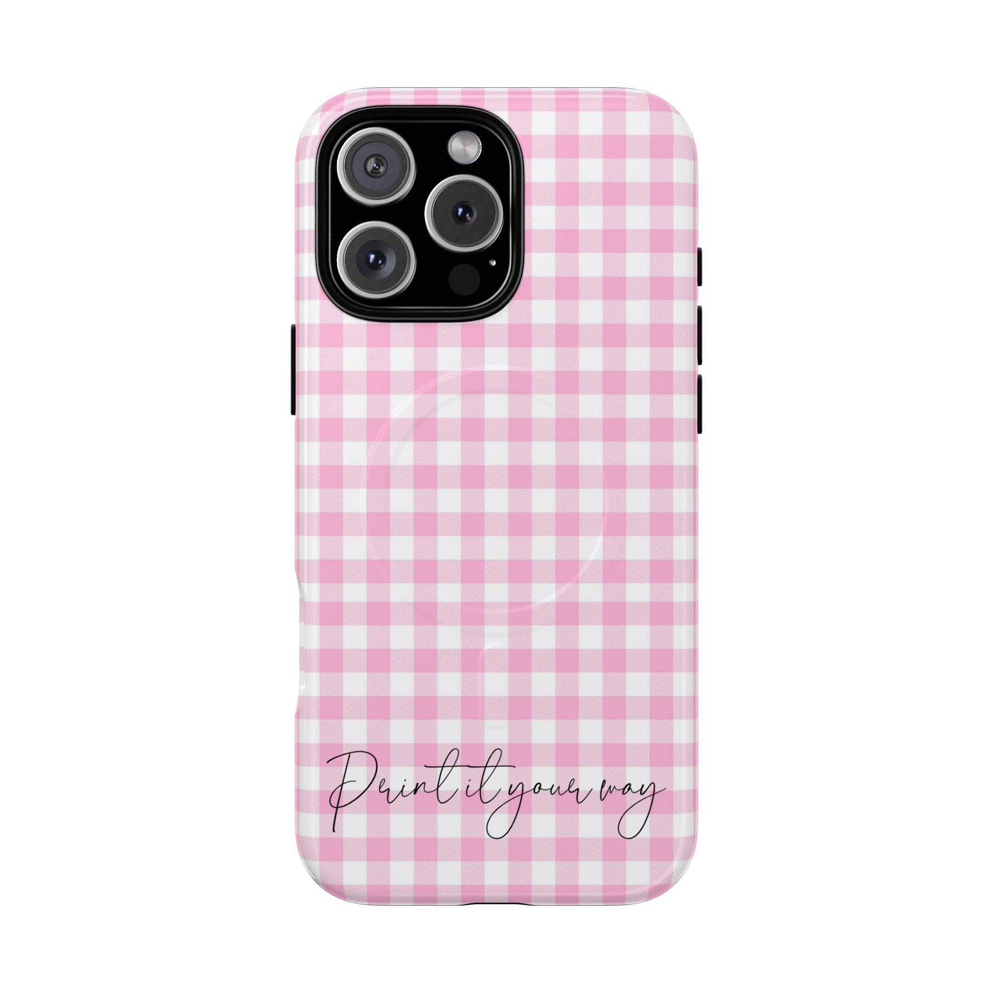 Personalisable Pink Gingham Tough Magnetic Phone Case