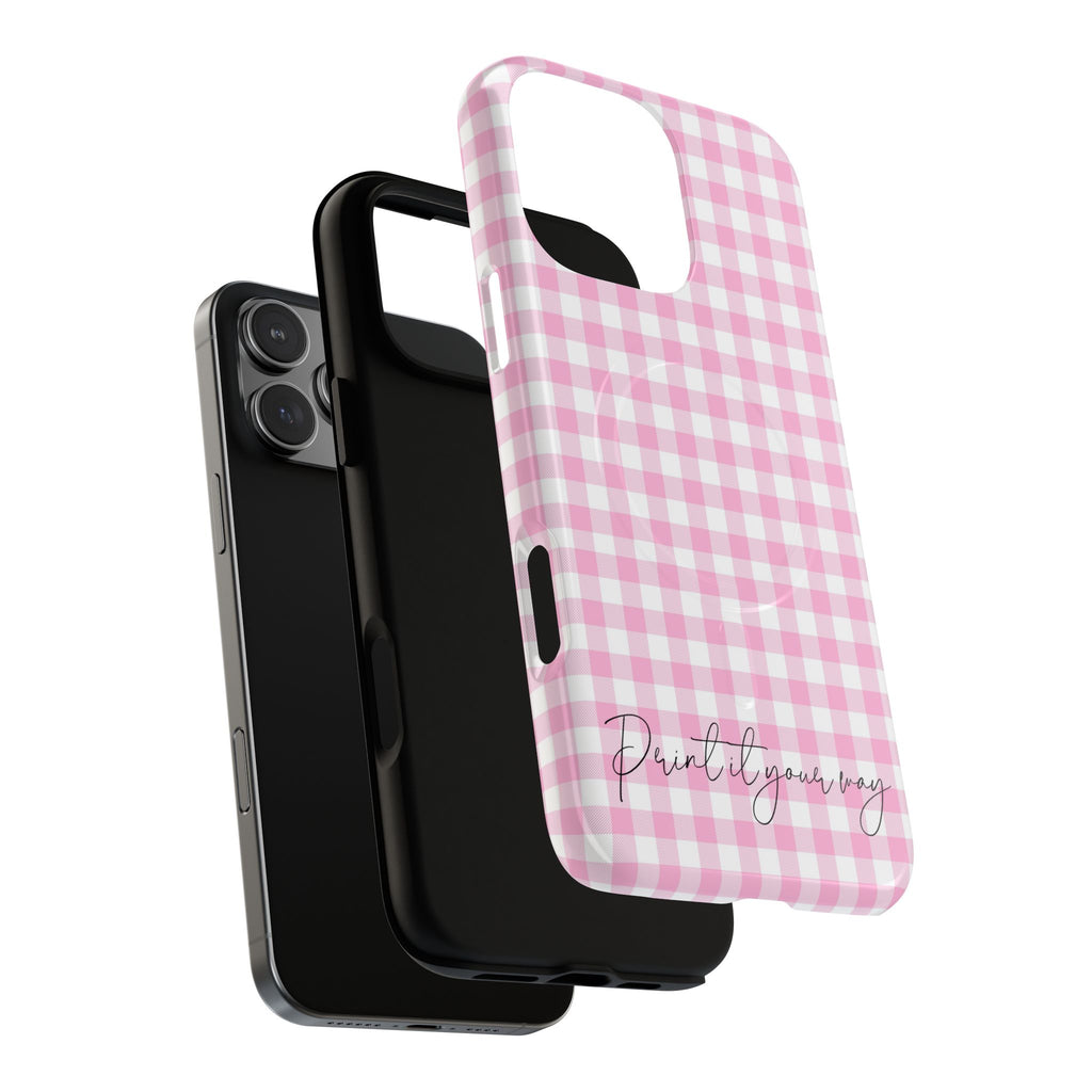 Personalisable Pink Gingham Tough Magnetic Phone Case