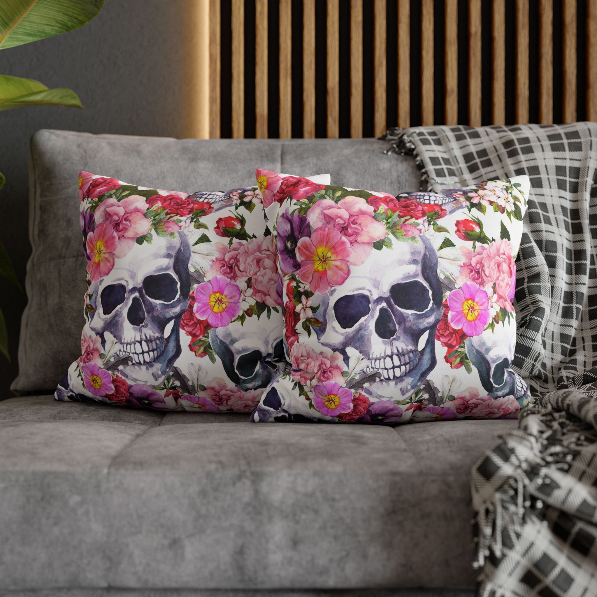 Floral Skull Square Pillowcase Cover
