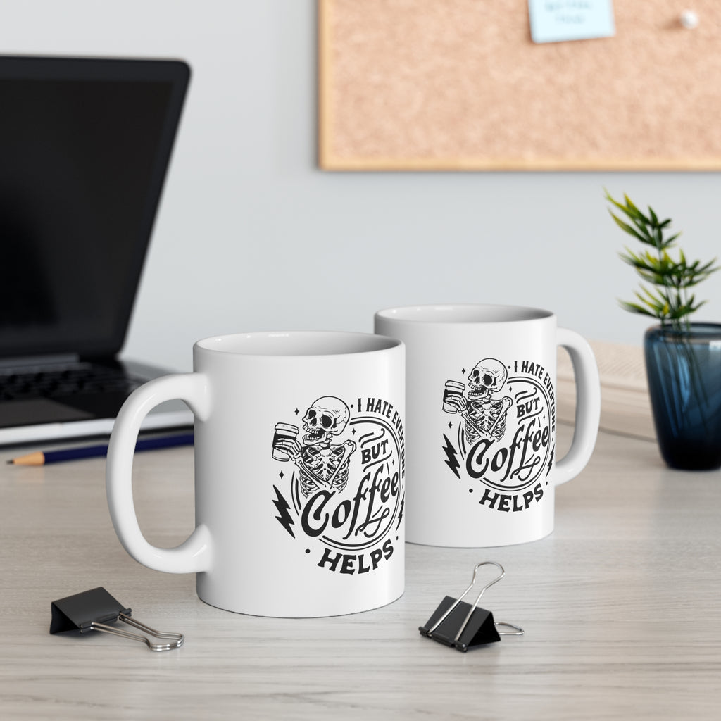 I Hate Everyone But Coffee Helps” Skeleton Ceramic Mug